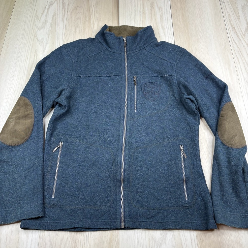 Schoffel Mens Blue Elbow Patches Mock Neck Long Sleeve Full-Zip Sweater Size M